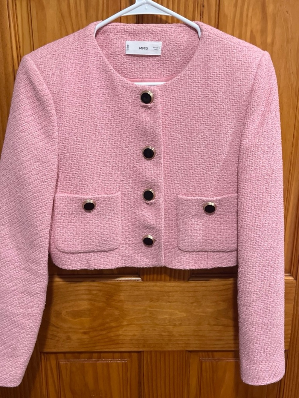 Mango Pink Tweed Cropped Blazer with Gold-Trim Buttons
